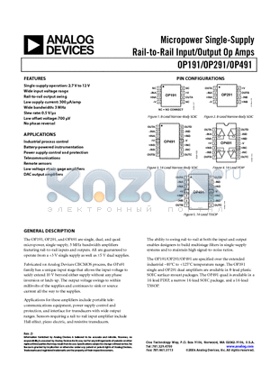 OP291GS datasheet - Micropower Single-Supply Rail-to-Rail Input/Output Op Amps