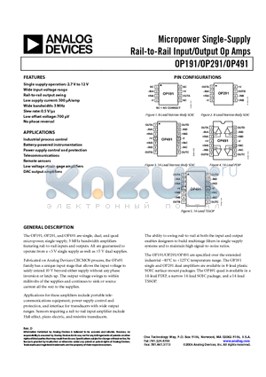 OP291GSZ-REEL datasheet - Micropower Single-Supply Rail-to-Rail Input/Output Op Amps