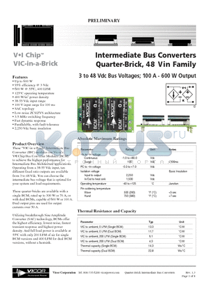 I048C030T015P1 datasheet - Intermediate Bus Converters Quarter-Brick, 48 Vin Family