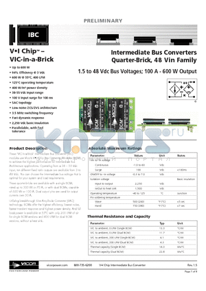 I048C030T021P2 datasheet - Intermediate Bus Converters Quarter-Brick, 48 Vin Family 1.5 to 48 Vdc Bus Voltages; 100 A - 600 W Output