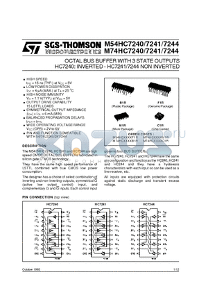 M74HC7241B1R datasheet - OCTAL BUS BUFFER WITH 3 STATE OUTPUTS HC7240: INVERTED - HC7241/7244 NON INVERTED