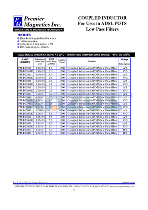 PM-IND052E datasheet - COUPLED INDUCTOR For Uses in ADSL POTS Low Pass Filters