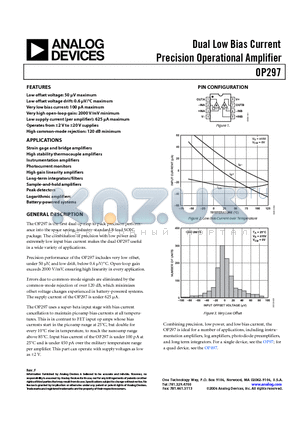 OP297 datasheet - Dual Low Bias Current Precision Operational Amplifier