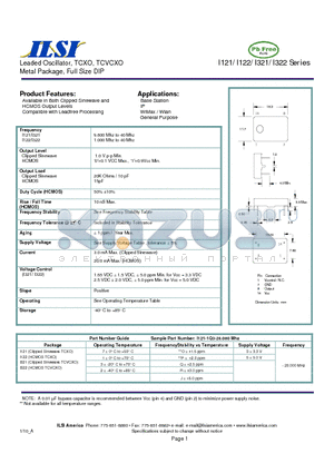 I121 datasheet - Leaded Oscillator, TCXO, TCVCXO Metal Package, Full Size DIP
