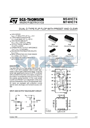 M74HC74B1 datasheet - DUAL D TYPE FLIP FLOP WITH PRESET AND CLEAR
