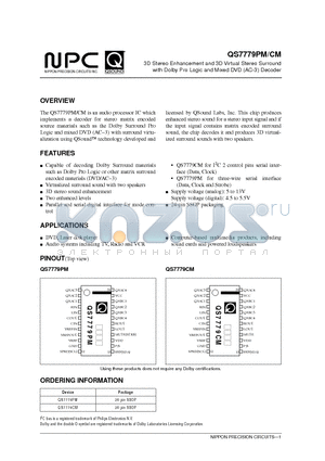 QS7779PM datasheet - 3D Stereo Enhancement and 3D Virtual Stereo Surround with Dolby Pro Logic and Mixed DVD (AC-3) Decoder