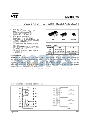 M74HC76 datasheet - DUAL J-K FLIP FLOP WITH PRESET AND CLEAR