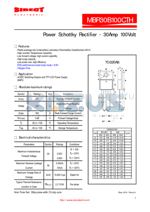 MBR30B100CTH datasheet - Power Schottky Rectifier - 30Amp 100Volt