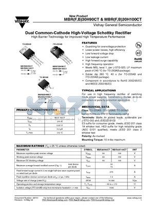 MBR30H100CT datasheet - Dual Common-Cathode High-Voltage Schottky Rectifier