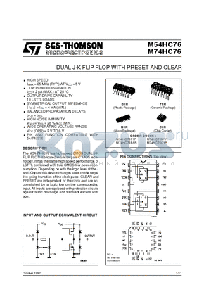 M74HC76M1R datasheet - DUAL J-K FLIP FLOP WITH PRESET AND CLEAR