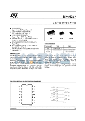 M74HC77C1R datasheet - 4-BIT D-TYPE LATCH