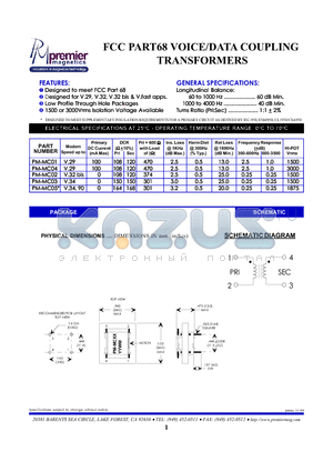 PM-MC04 datasheet - FCC PART68 VOICE/DATA COUPLING TRANSFORMERS