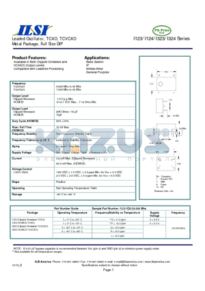 I123-1P3-20.000 datasheet - Leaded Oscillator, TCXO, TCVCXO Metal Package, Full Size DIP