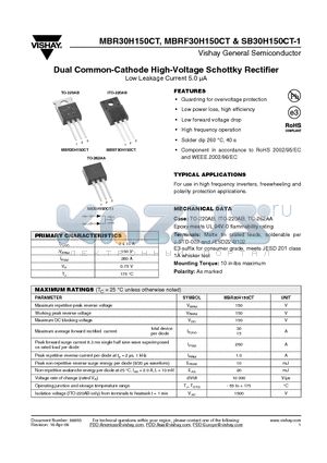 MBR30H150CT-E3/45 datasheet - Dual Common-Cathode High-Voltage Schottky Rectifier