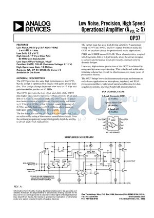 OP37EP datasheet - Low Noise, Precision, High Speed Operational Amplifier