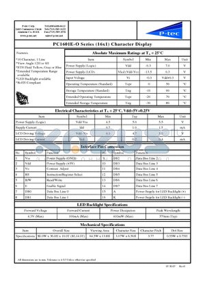 PC1601E-O datasheet - Character Display