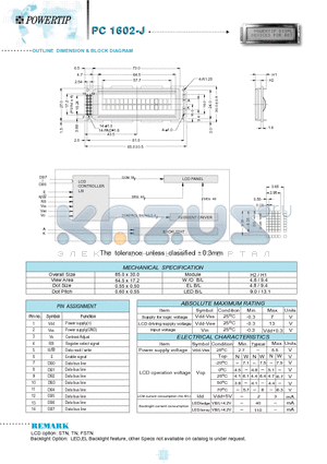 PC1602-J datasheet - OUTLINE DIMENSION & BLOCK DIAGRAM