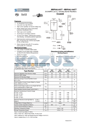 MBR30L45CT datasheet - 30.0AMPS Low VF Schottky Barrier Rectifiers