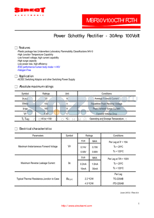 MBR30V100CTH datasheet - Power Schottky Rectifier - 30Amp 100Volt