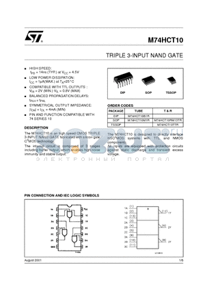 M74HCT10TTR datasheet - TRIPLE 3-INPUT NAND GATE
