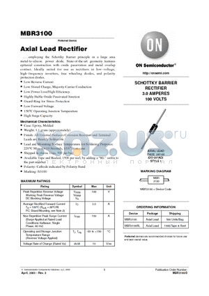 MBR3100 datasheet - SCHOTTKY BARRIER RECTIFIER 3.0 AMPERES 100 VOLTS