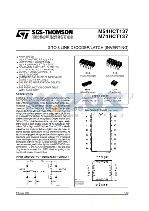 M74HCT137B1R datasheet - 3 TO 8 LINE DECODER/LATCH INVERTING