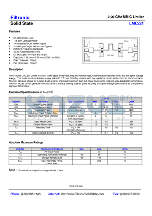 LML221 datasheet - 2-20 GHz MMIC Limiter