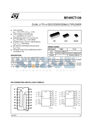 M74HCT139TTR datasheet - DUAL 2 TO 4 DECODER/DEMULTIPLEXER