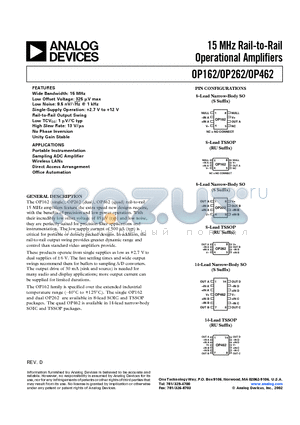 OP462HRU datasheet - 15 MHz Rail-to-Rail Operational Amplifiers