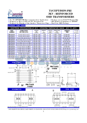 PM-T1030 datasheet - T1/CEPT/ISDN-PRI 3KV - REINFORCED SMD TRANSFORMERS