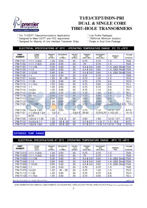 PM-T101 datasheet - T1/E1/CEPT/ISDN-PRI DUAL & SINGLE CORE THRU-HOLE TRANSORMERS