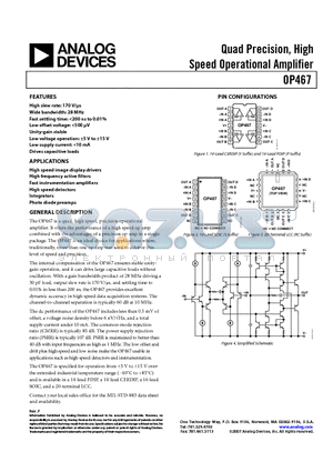 OP467AY/883C datasheet - Quad Precision, High Speed Operational Amplifier