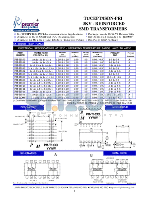 PM-T1037 datasheet - T1/CEPT/ISDN-PRI 3KV - REINFORCED SMD TRANSFORMERS