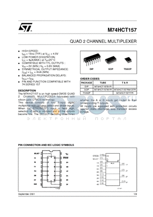 M74HCT157M1R datasheet - QUAD 2 CHANNEL MULTIPLEXER