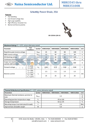 MBR35100 datasheet - Schottky Power Diode, 35A