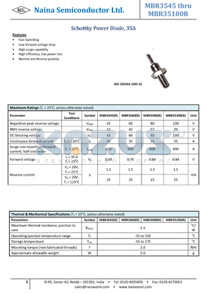 MBR35100R datasheet - Schottky Power Diode, 35A