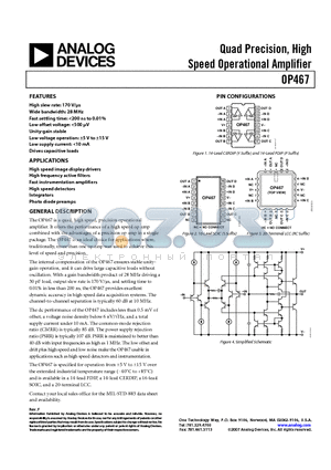 OP467GP datasheet - Quad Precision, High Speed Operational Amplifier