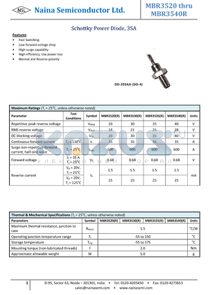 MBR3520 datasheet - Schottky Power Diode, 35A