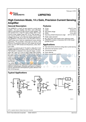 LMP8278Q datasheet - High Common Mode, 14 x Gain, Precision Current Sensing Amplifier