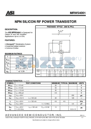 MRW54001 datasheet - NPN SILICON RF POWER TRANSISTOR