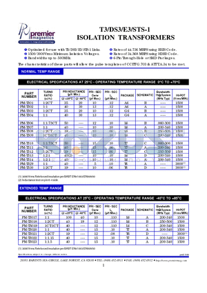 PM-T301 datasheet - T3/DS3/E3/STS-1 ISOLATION TRANSFORMERS