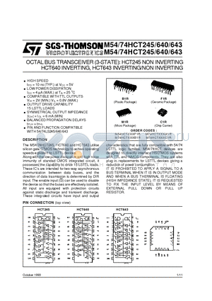 M74HCT245 datasheet - OCTAL BUS TRANSCEIVER3-STATE: HCT245 NON INVERTING HCT640 INVERTING, HCT643 INVERTING/NON INVERTING