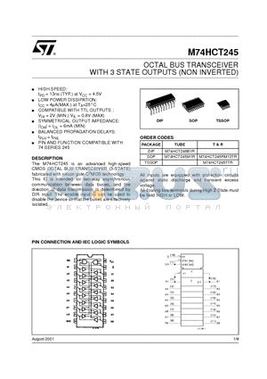 M74HCT245B1R datasheet - OCTAL BUS TRANSCEIVER WITH 3 STATE OUTPUTS (NON INVERTED)