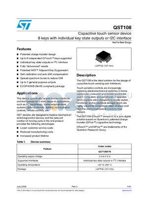 QST108CT0 datasheet - Capacitive touch sensor device 8 keys with individual key state outputs or I2C interface