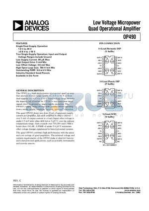 OP490F datasheet - Low Voltage Micropower Quad Operational Amplifier