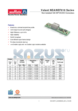 NEA-NEF010 datasheet - Non-Isolated 10A SIP DC/DC Converters