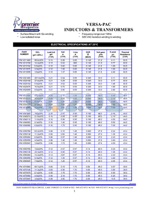 PM-V050047 datasheet - VERSA-PAC INDUCTORS & TRANSFORMERS