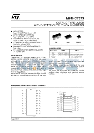 M74HCT373 datasheet - OCTAL D-TYPE LATCH WITH 3 STATE OUTPUT NON INVERTING