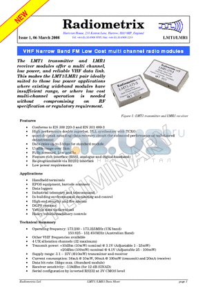 LMR1-151-5 datasheet - VHF Narrow Band FM Low Cost multi channel radio modules