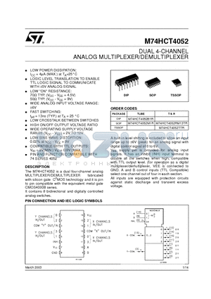 M74HCT4052TTR datasheet - DUAL 4-CHANNEL ANALOG MULTIPLEXER/DEMULTIPLEXER
